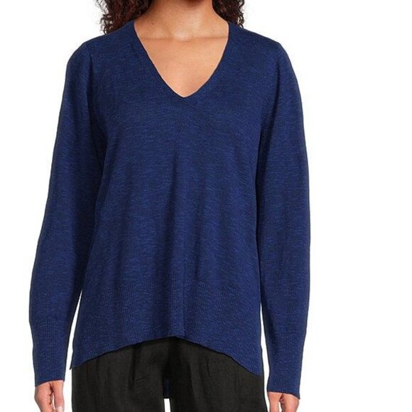 Eileen Fisher Organic Linen Jersey V-Neck Long Sleeve Tunic in Navy Size Small - Picture 1 of 8
